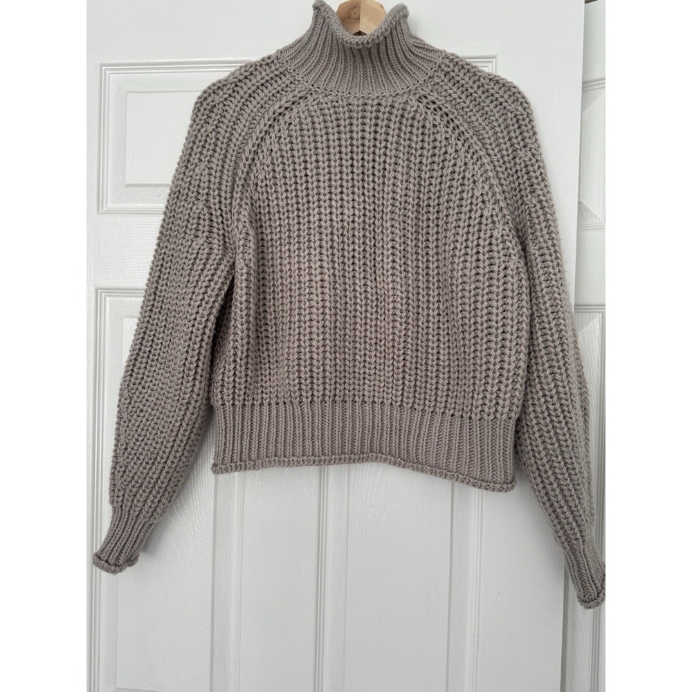 H&M Chunky Knit Taupe Mock High Roll Neck Cozy Soft Wool Blend Boxy Sweater S